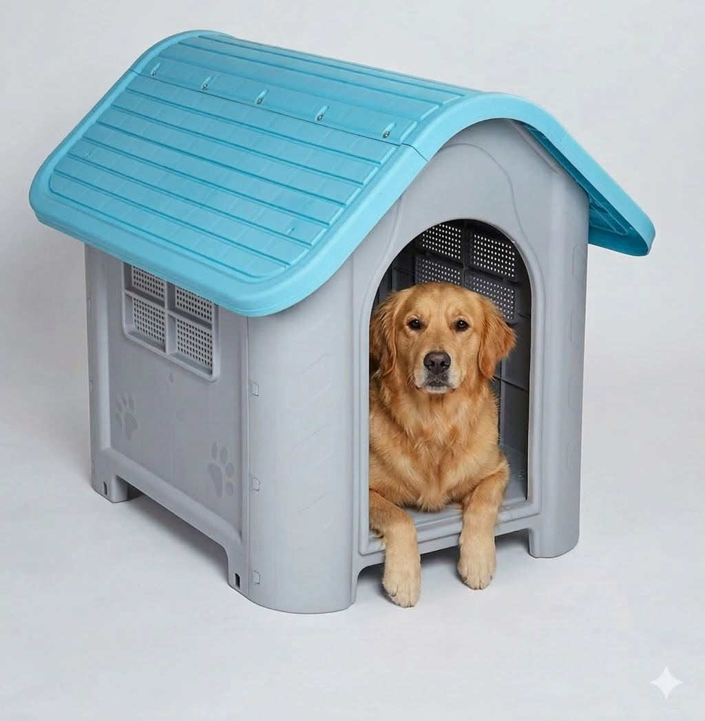 Gri ve mavi köpek kulübesinde oturan golden retriever, ileriye bakıyor.