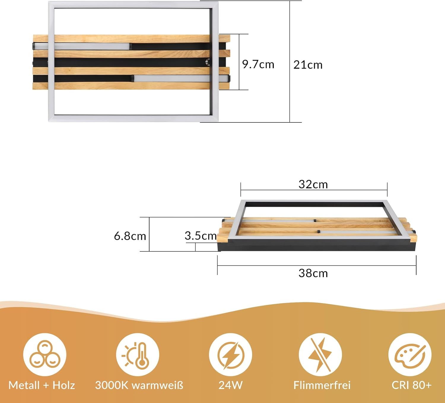 Lampada da soffitto con elementi in legno e metallo, dimensioni 38x32x6.8cm.