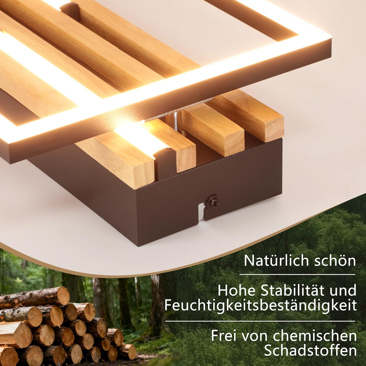 Lampada da soffitto con doghe in legno e luce LED, sfondo foresta e catasta legna.