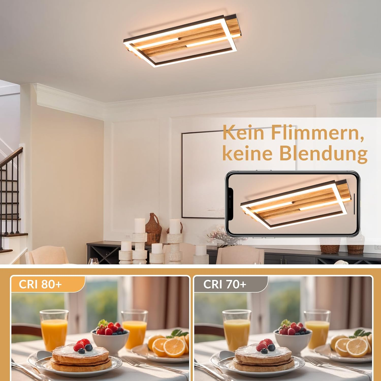 Lampada da soffitto con cornice in legno e nero, senza sfarfallio, senza abbagliamento.