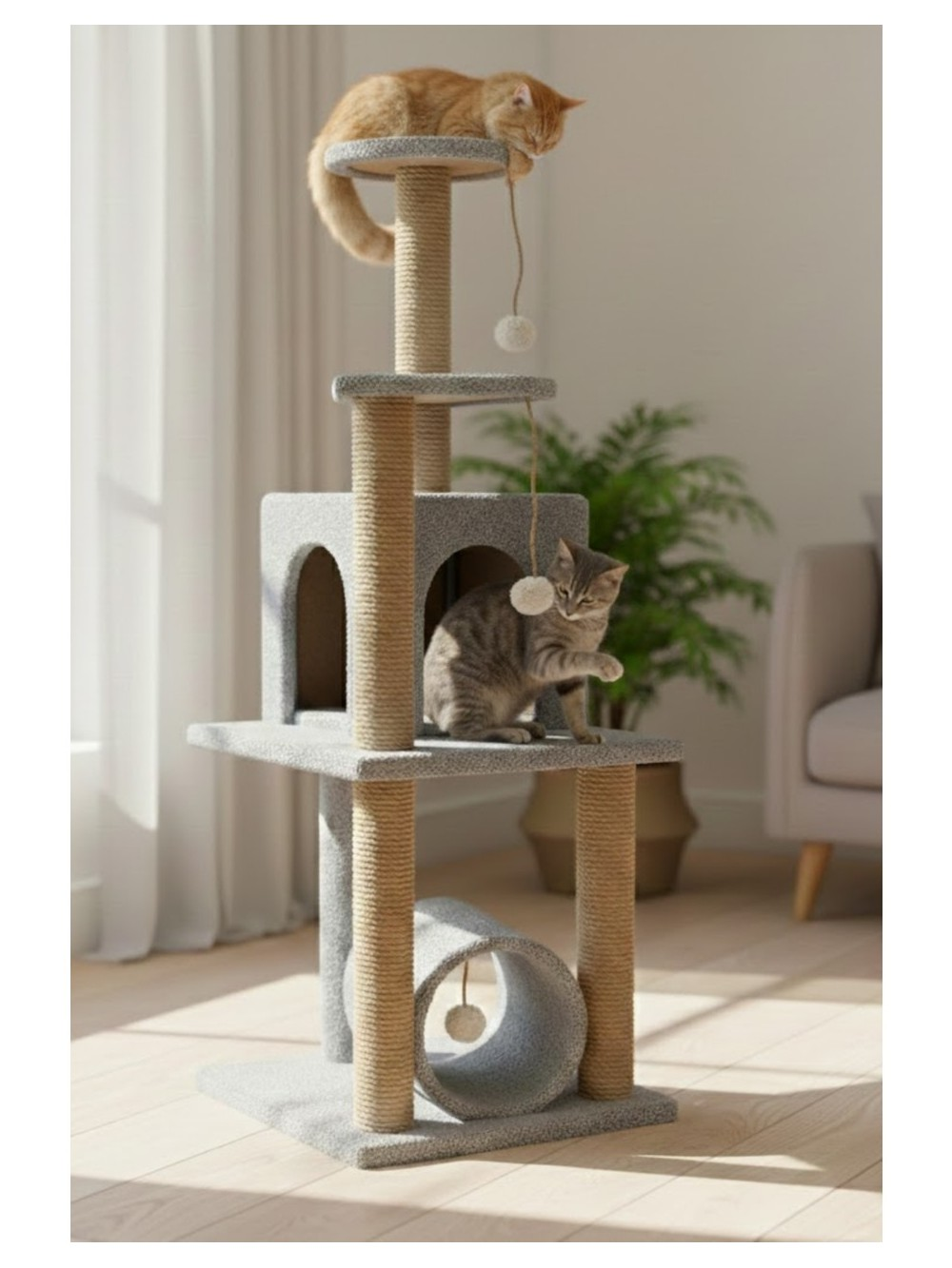 Kedi ağacında iki kedi. Üstte turuncu bir kedi, altta tekir kedi var.