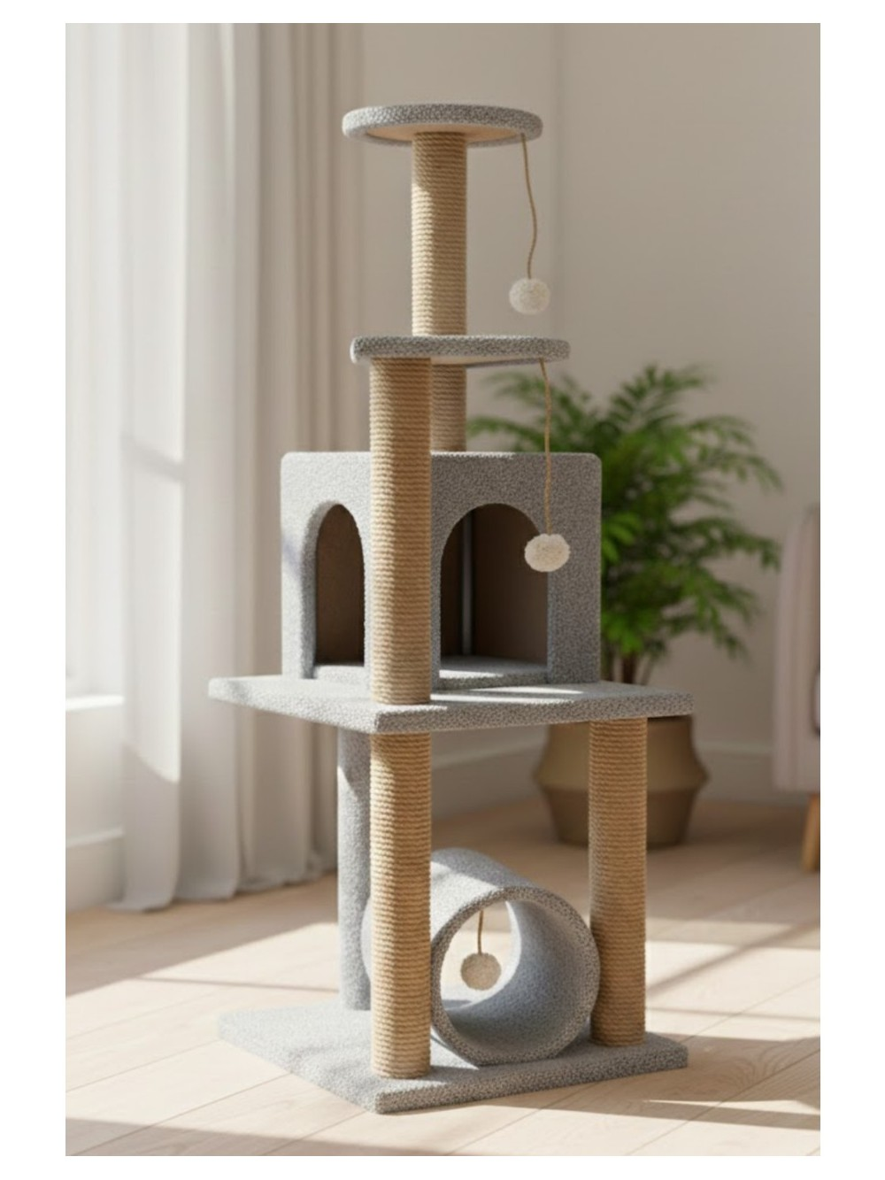 Sisal direkli ve ponpon oyuncaklı gri çok katlı kedi ağacı.
