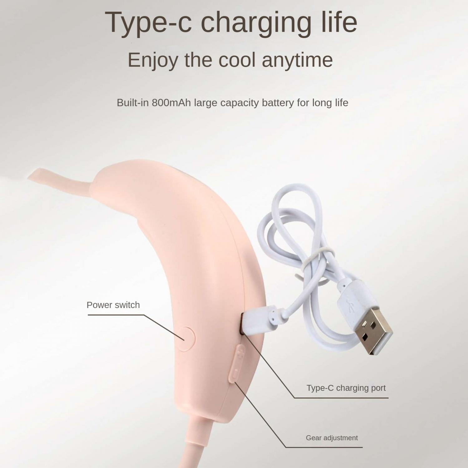 Ein rosafarbener Lüfter mit Typ-C-Ladeanschluss und USB-Kabel.