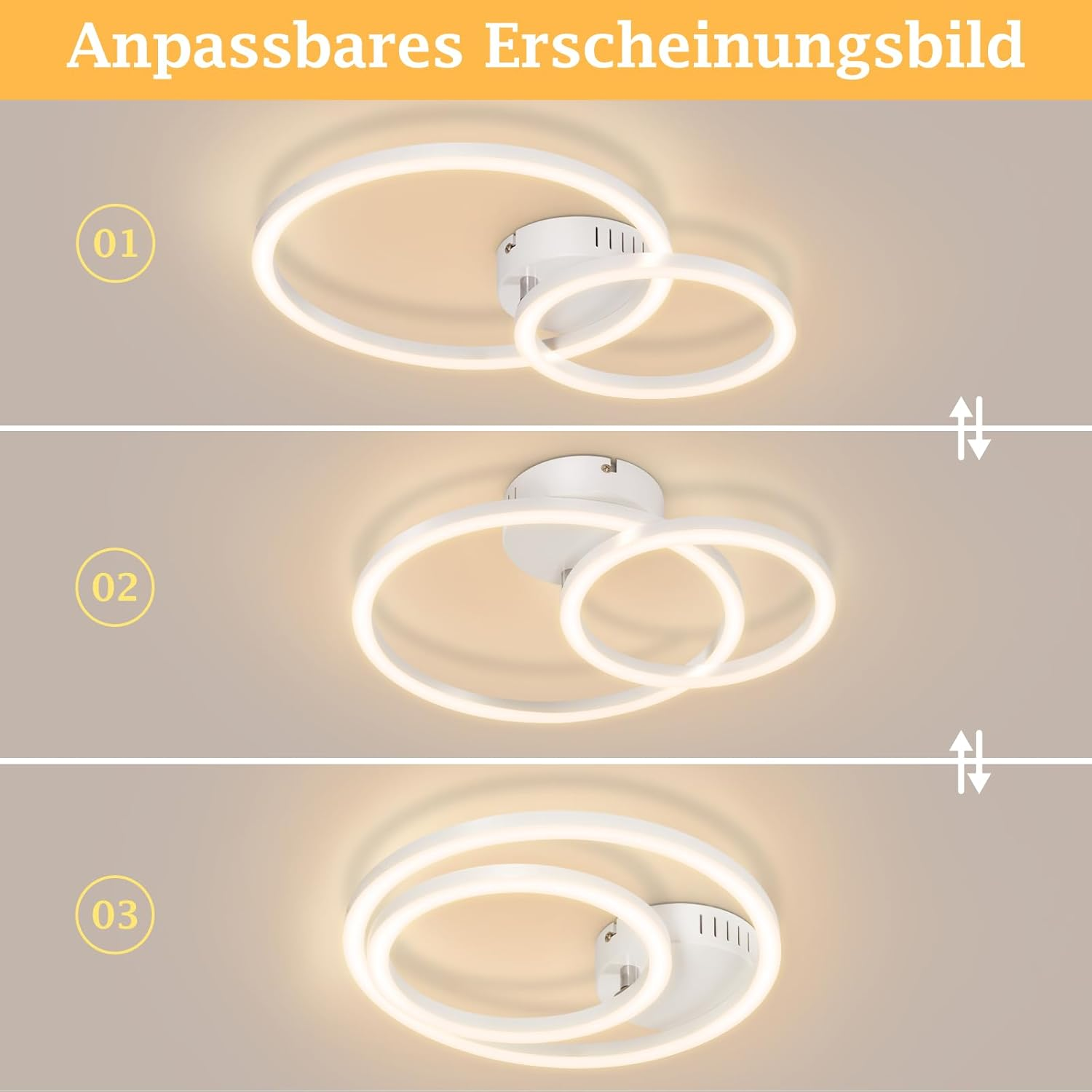 Lampada da soffitto con due anelli bianchi e base bianca.
