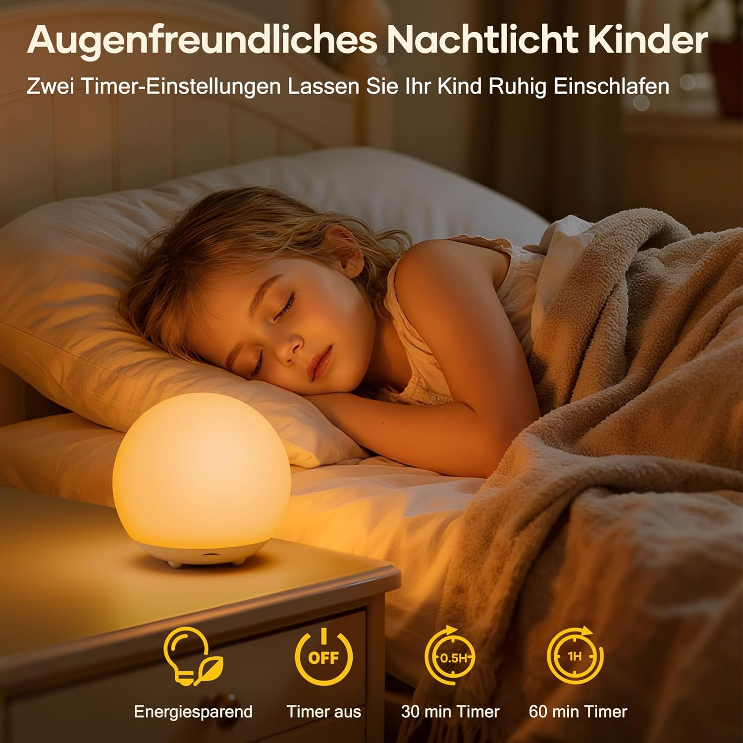 Ein Kind schläft im Bett, beleuchtet von einem Nachttischlampen-Prototyp.