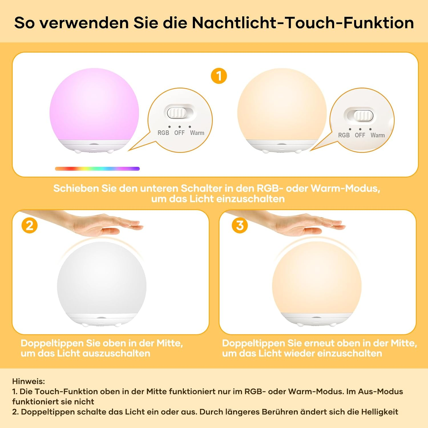 Anleitung zur Touch-Funktion eines Nachtlichts: Modi wählen, Licht ein-/ausschalten.