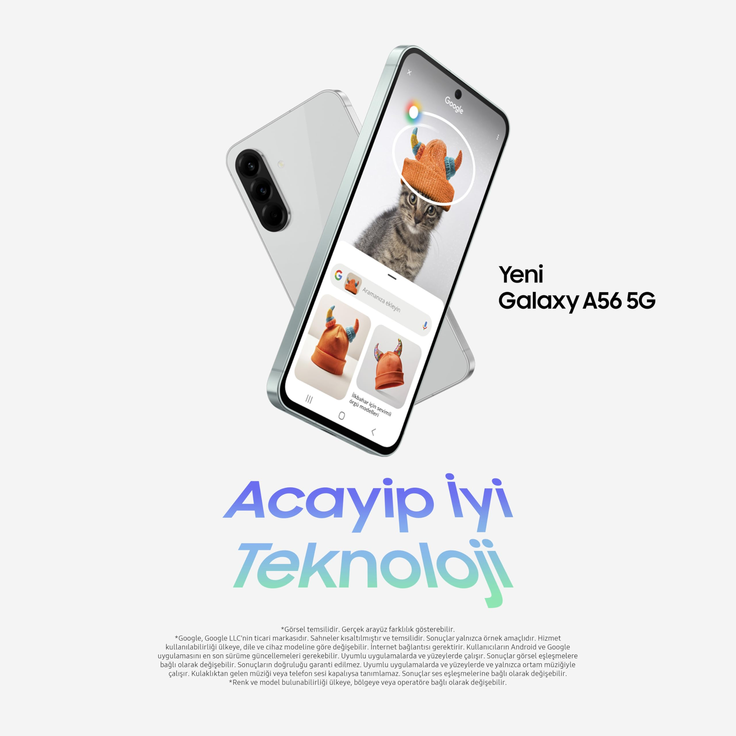 Zwei weiße Smartphones nebeneinander. Eines zeigt eine Katze mit Hut, das andere den Text 'Yeni Galaxy A56 5G'.