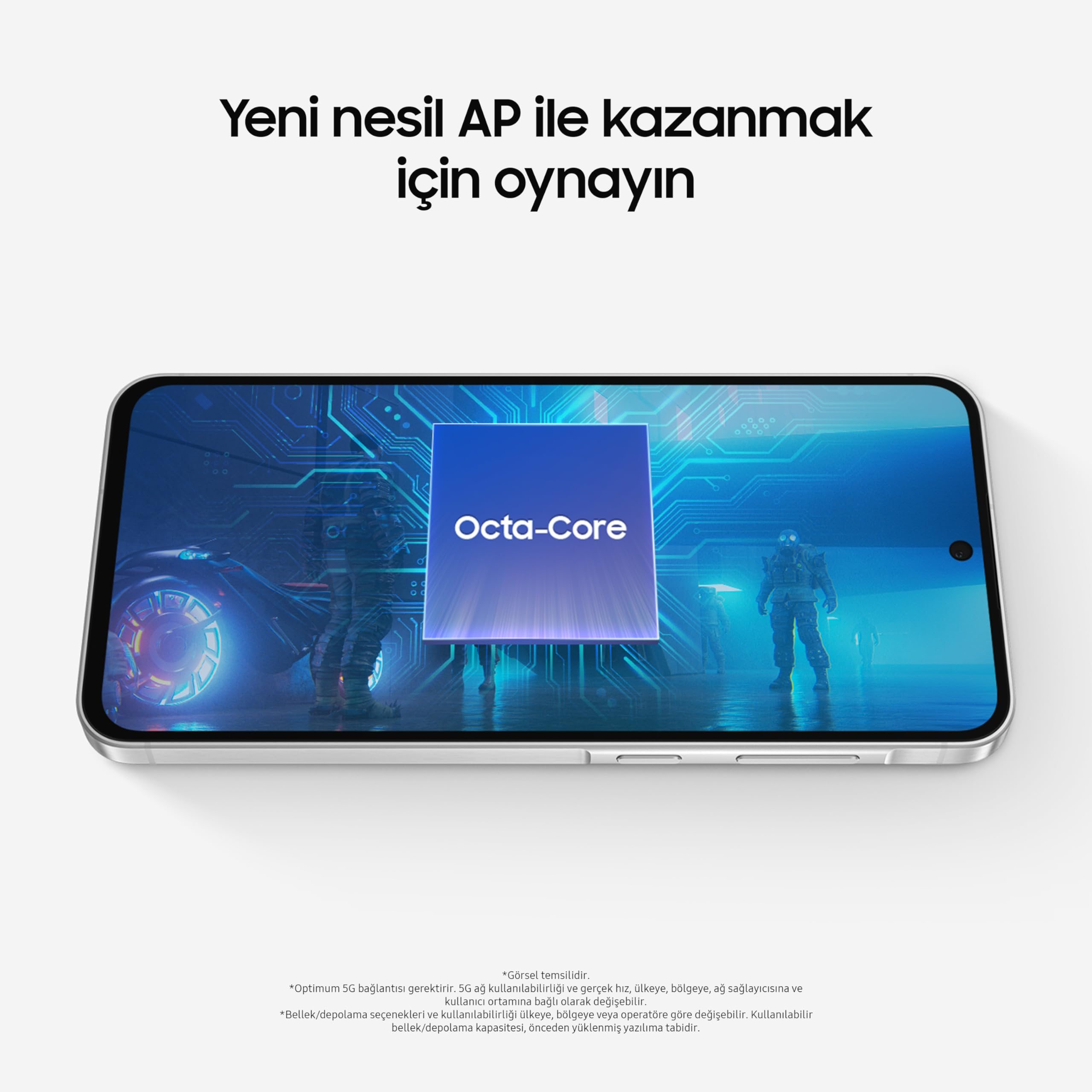 Ein Smartphone zeigt eine Grafik mit "Octa-Core" und Sci-Fi-Figuren.