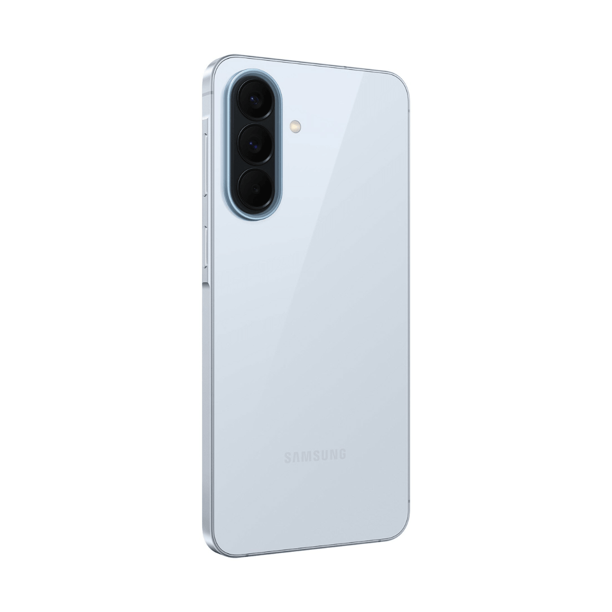 Jasnoniebieski smartfon Samsung widziany od tyłu z trzema obiektywami aparatu i lampą błyskową.