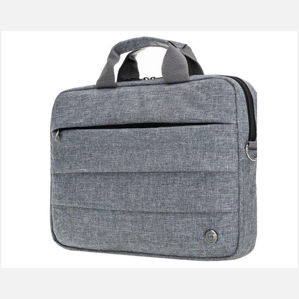 Ön fermuarlı cep ve yatay kapitone şeritli gri kumaş laptop çantası.