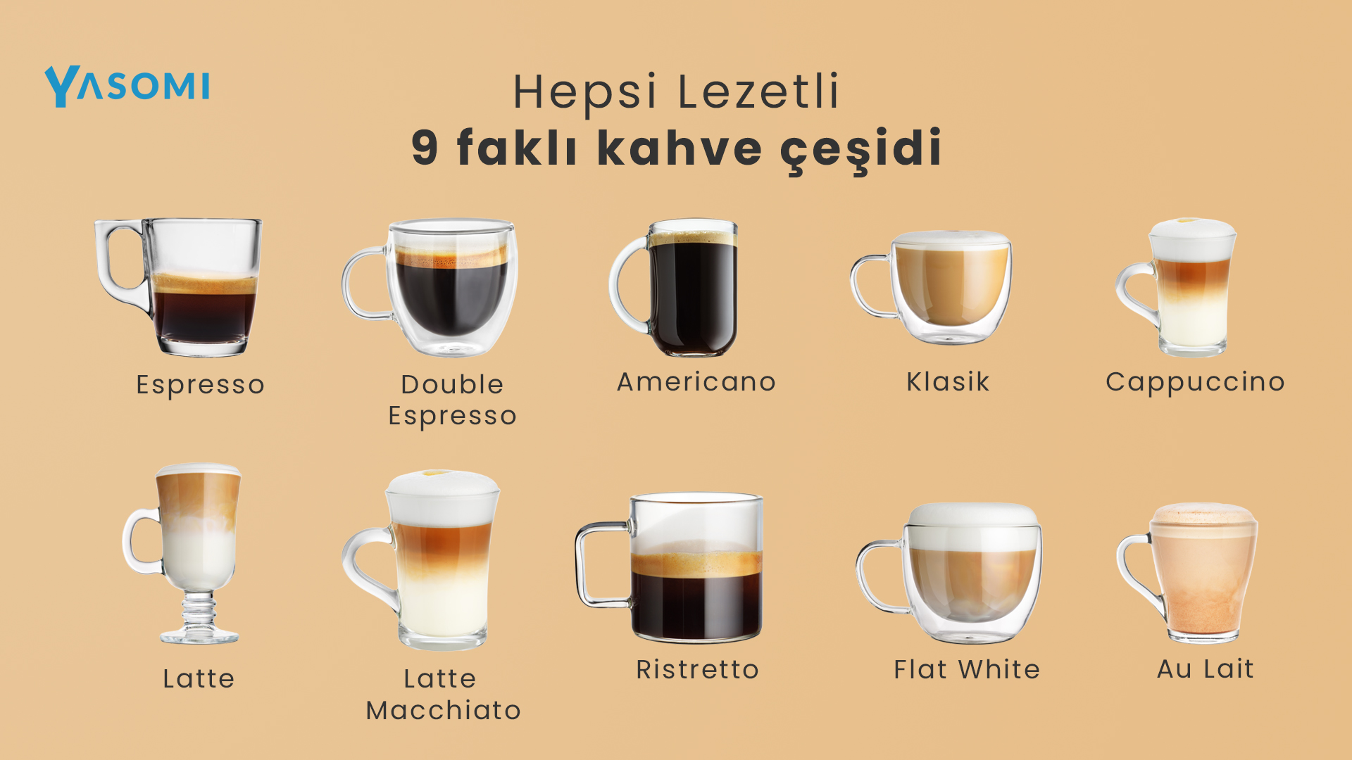 Dokuz farklı kahve çeşidi: Espresso, Cappuccino, Latte Macchiato vb.