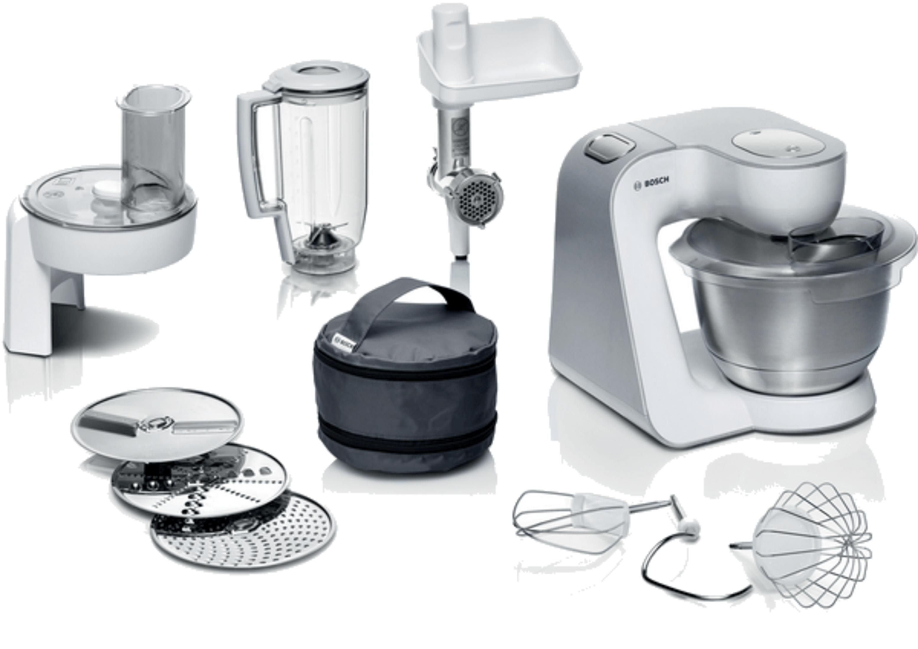Robot da cucina con accessori: frullatore, tritacarne, grattugia, borsa, fruste.