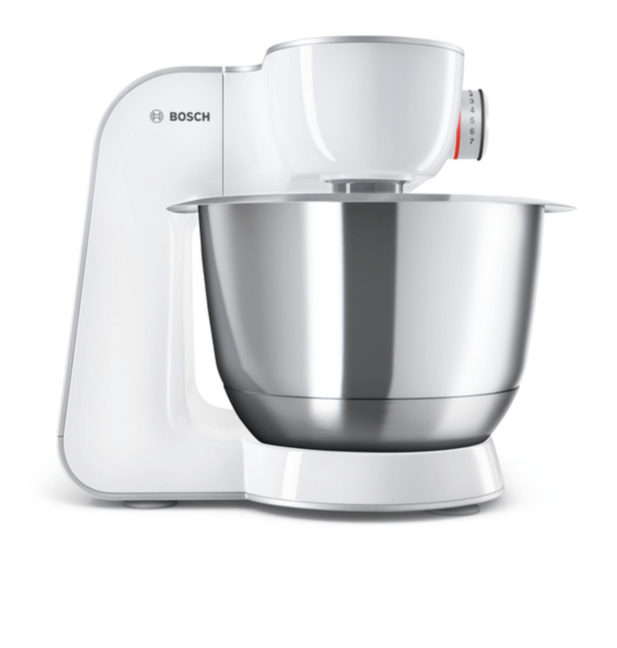 Un robot da cucina Bosch bianco con ciotola in acciaio inox e selettore velocità.