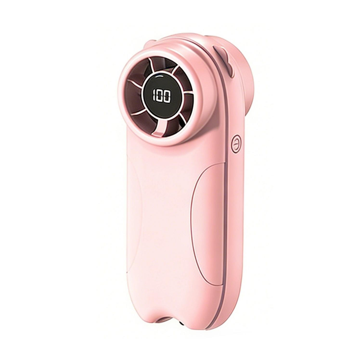 Ein rosafarbener Handventilator mit einem digitalen Display, das „100“ anzeigt.