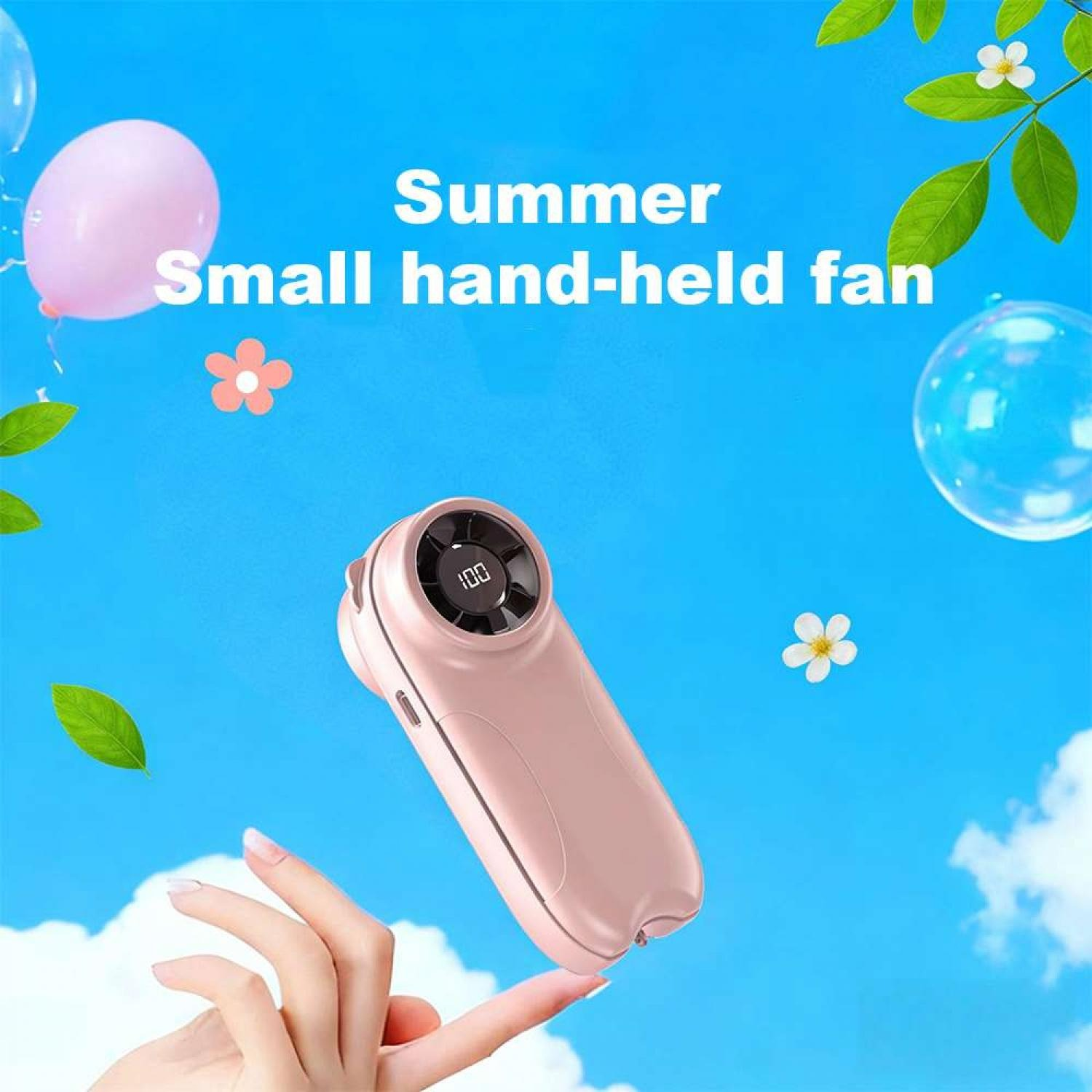 Ein pinker Handventilator mit Digitalanzeige wird von Fingern vor blauem Himmel gehalten.