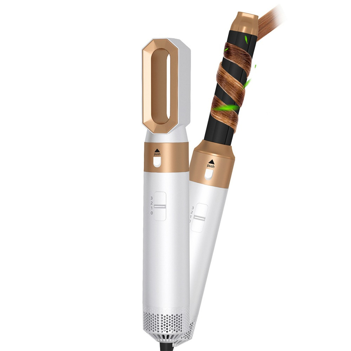 Due styler per capelli bianchi e dorati, uno con capelli ricci avvolti.