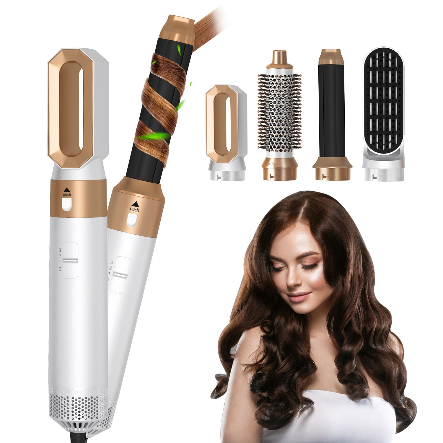 Un attrezzo per lo styling dei capelli bianco e oro con accessori e una donna con capelli castani mossi.