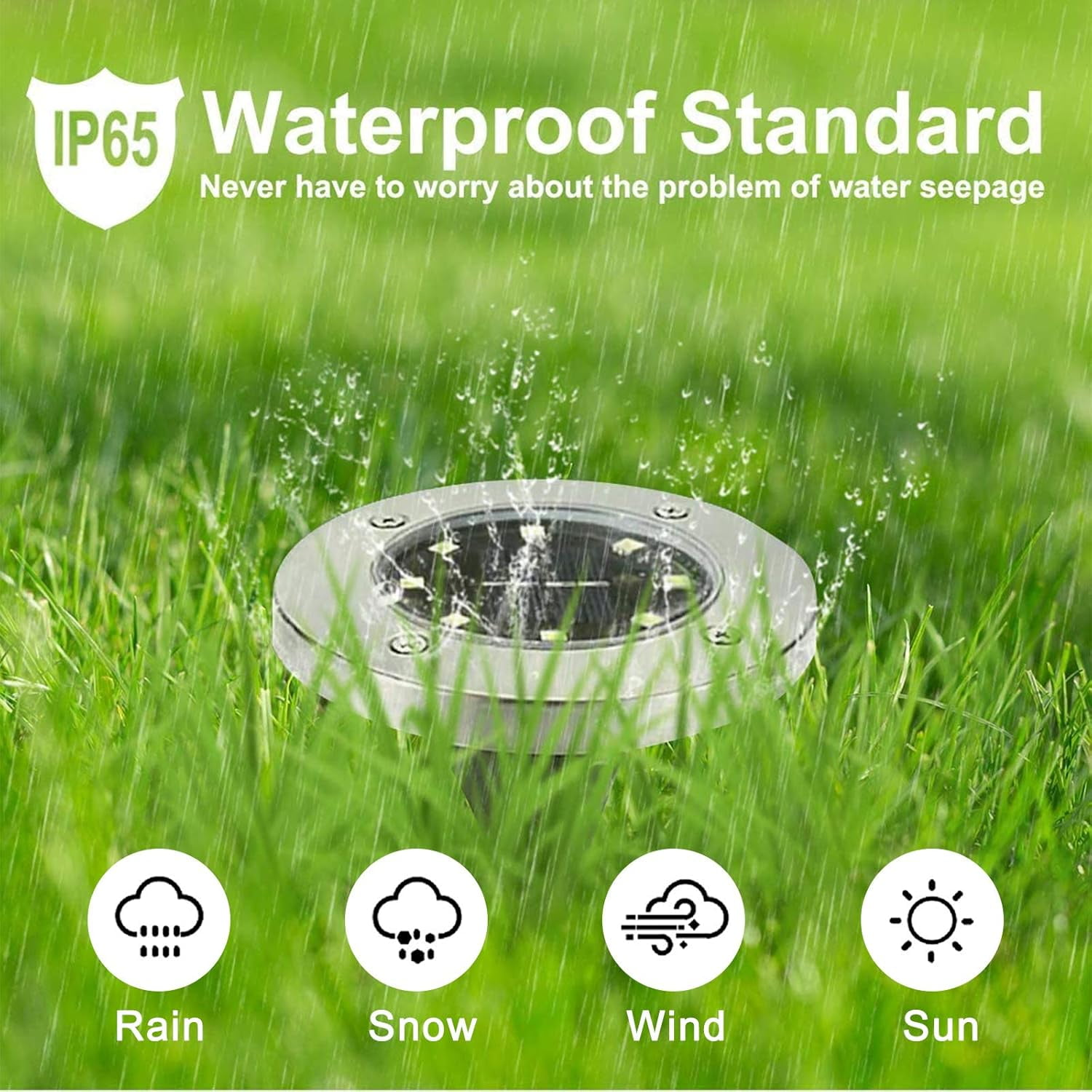 Solarleuchte im Gras, mit IP65 wasserdichtem Standard, Regen-, Schnee-, Wind-, Sonnensymbolen.