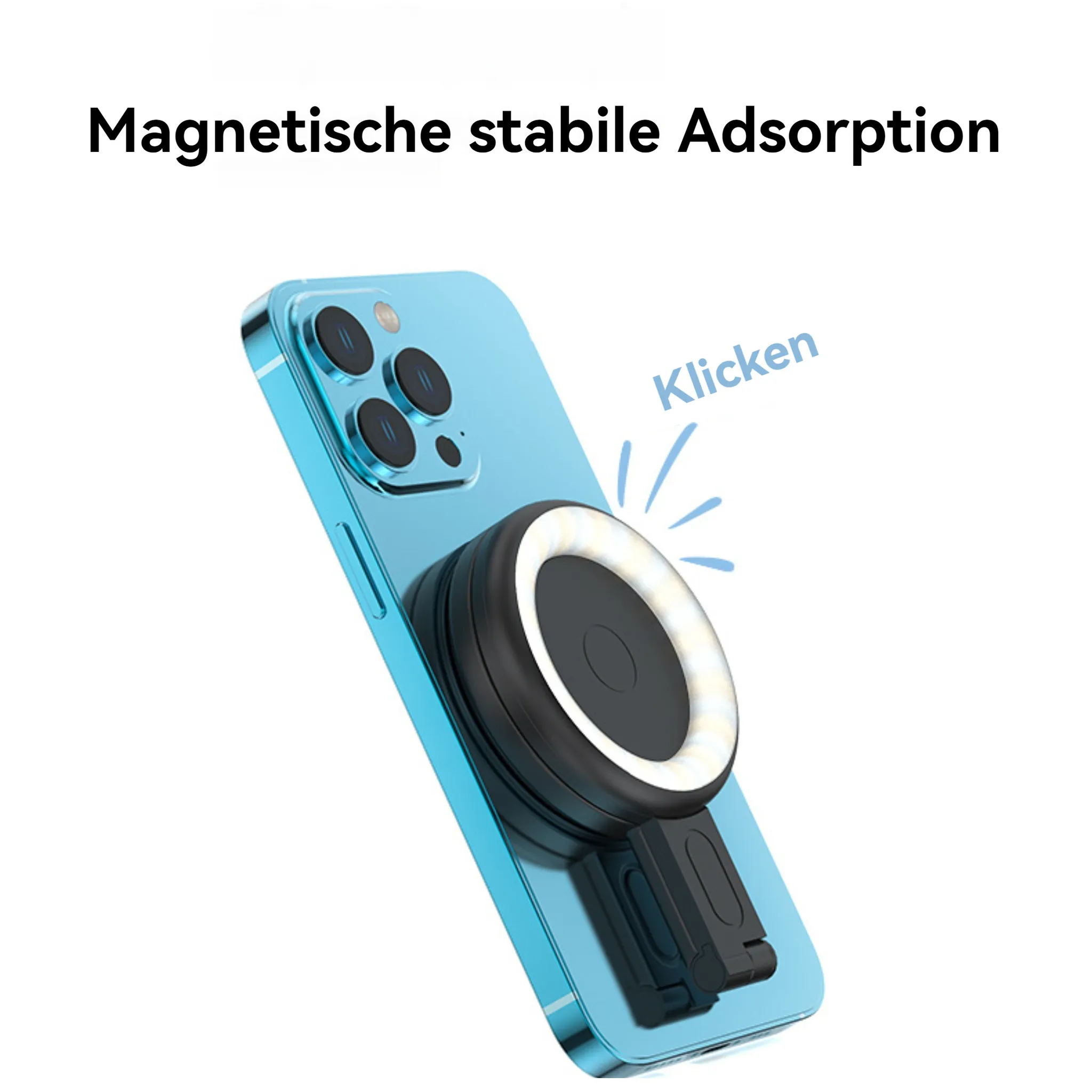 Ein blaues Smartphone mit einem Ringlicht-Stativ, das magnetisch befestigt ist.