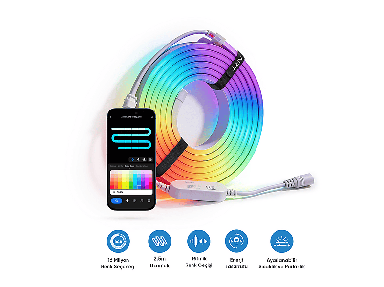 ŞIMART Akıllı 2.5 m Wi-Fi Kontrollü RGB Bluetooth LED Şerit Aydınlatma