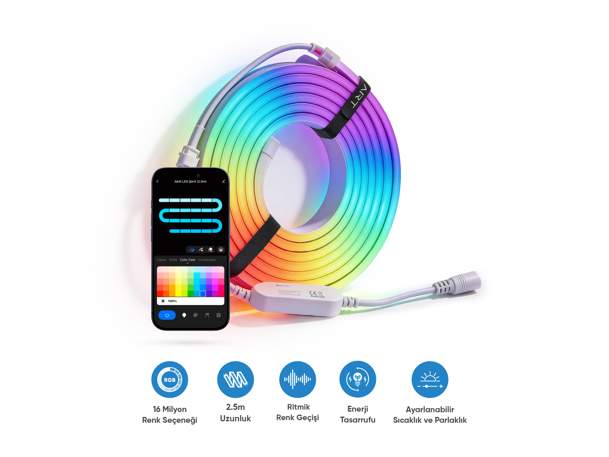 ŞIMART Akıllı 2.5 m Wi-Fi Kontrollü RGB Bluetooth LED Şerit Aydınlatma