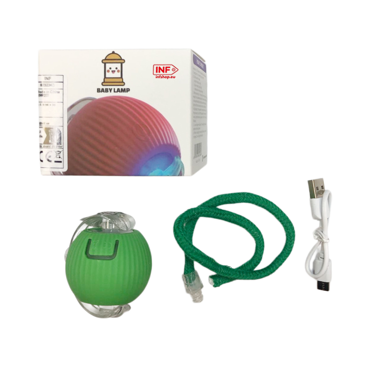 Un colgante de lámpara para bebé verde, una cuerda verde y un cable USB blanco.