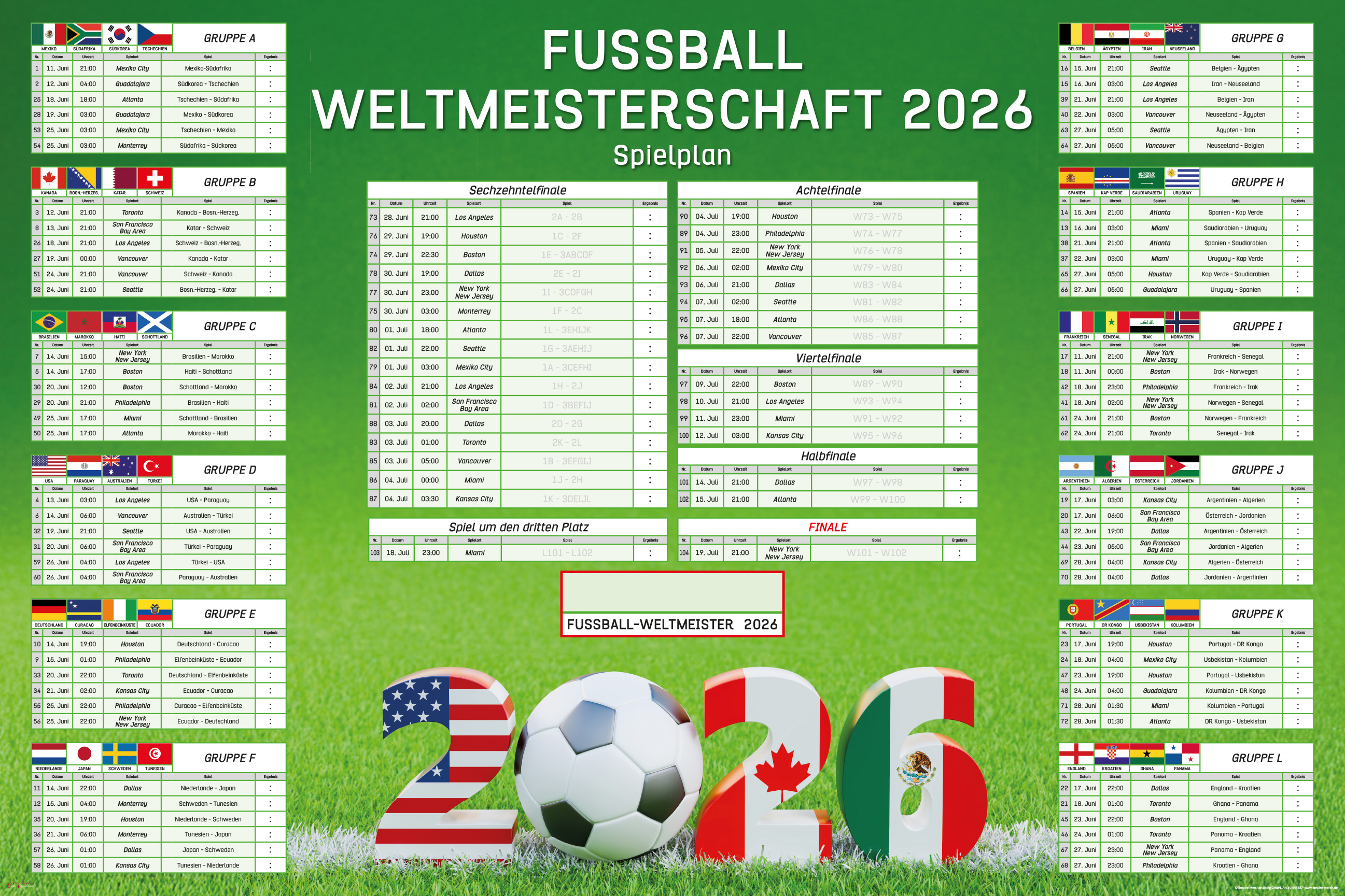Spielplan der Fußball-Weltmeisterschaft 2026 mit Gruppen, Spielen und Austragungsorten.