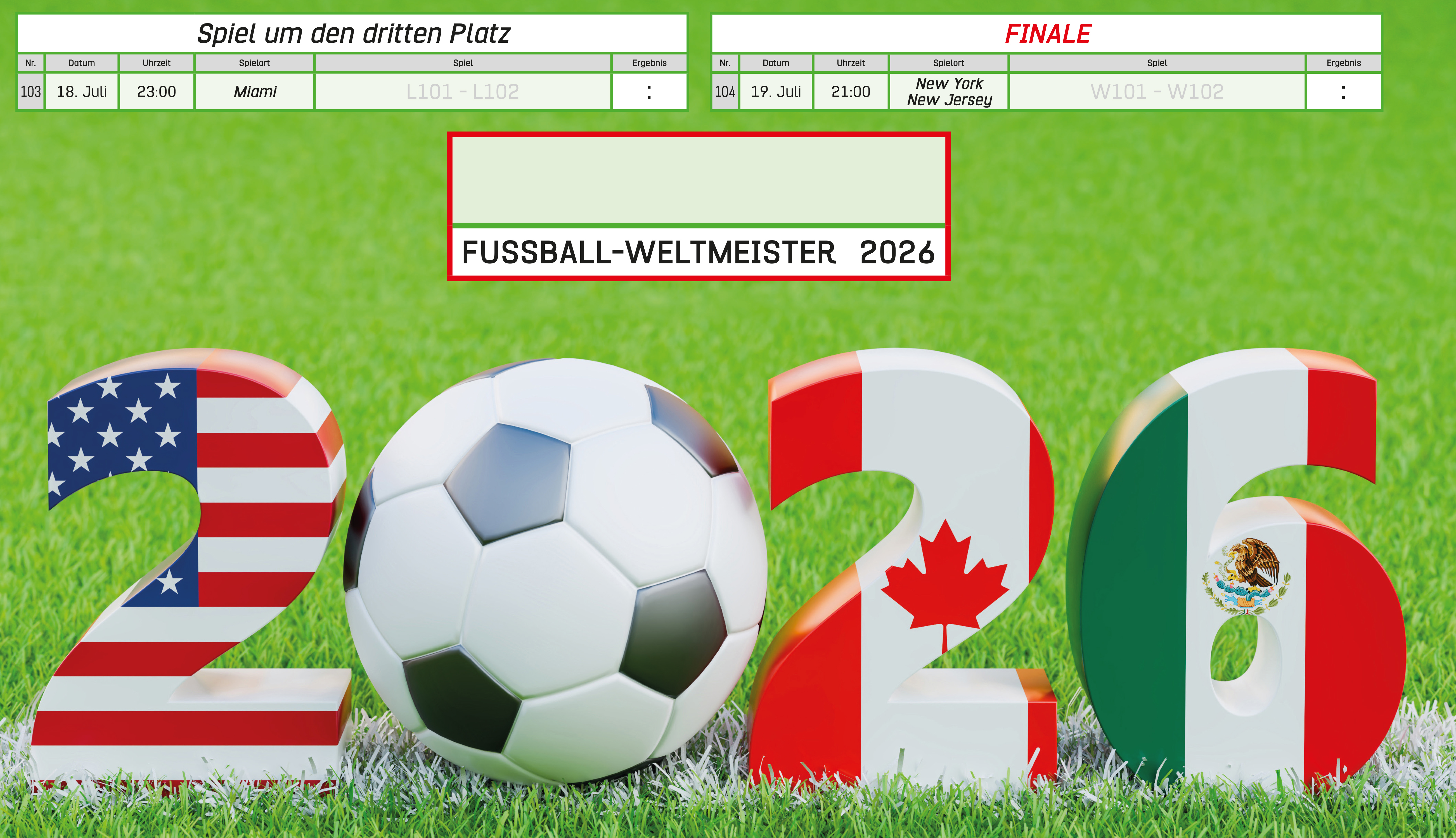 Fußball-WM 2026 mit Flaggen von USA, Kanada, Mexiko. Spielplan für Finale & 3. Platz.