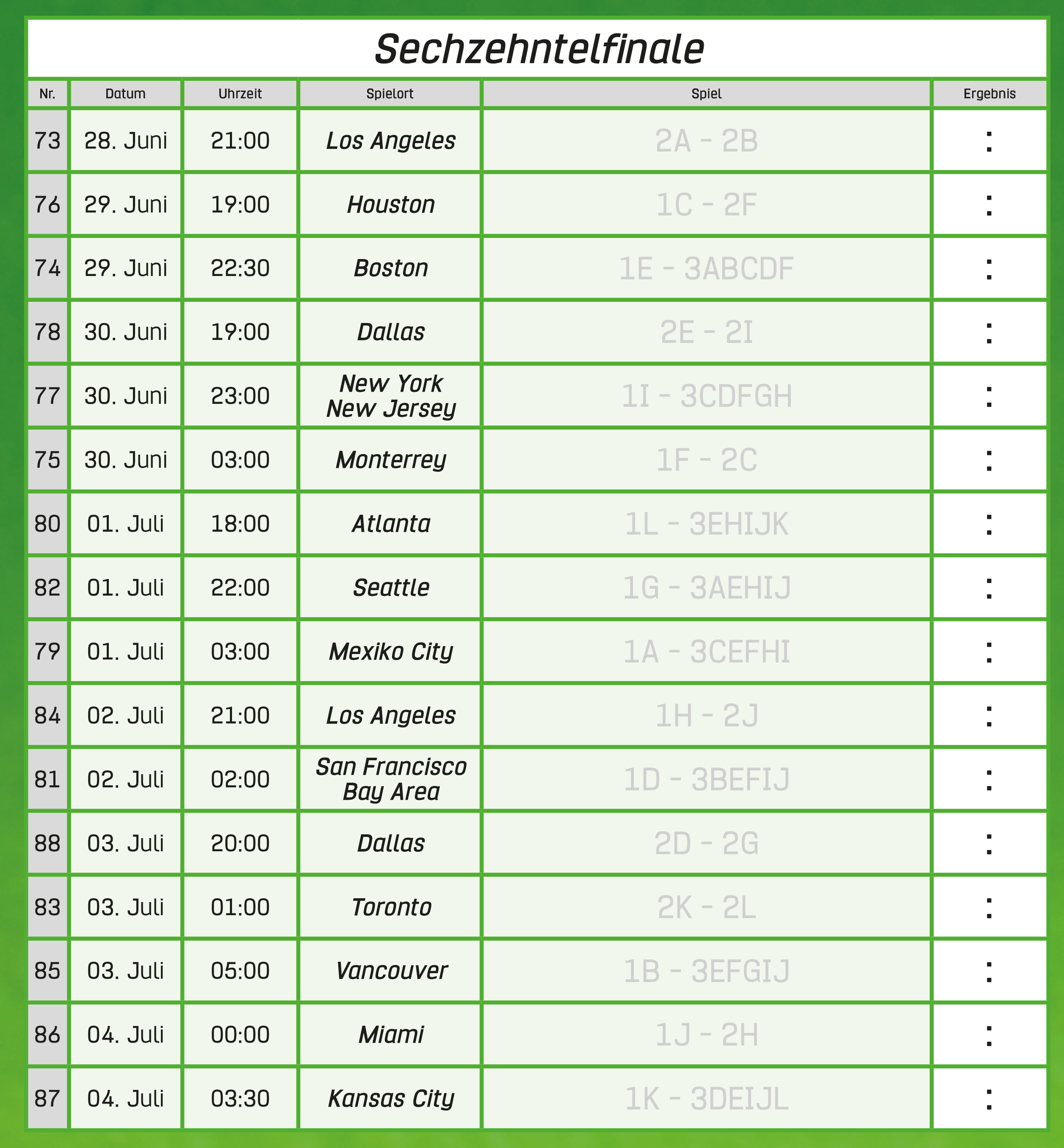 Tabelle der Sechzehntelfinalspiele mit Datum, Uhrzeit, Spielort und Spielen.