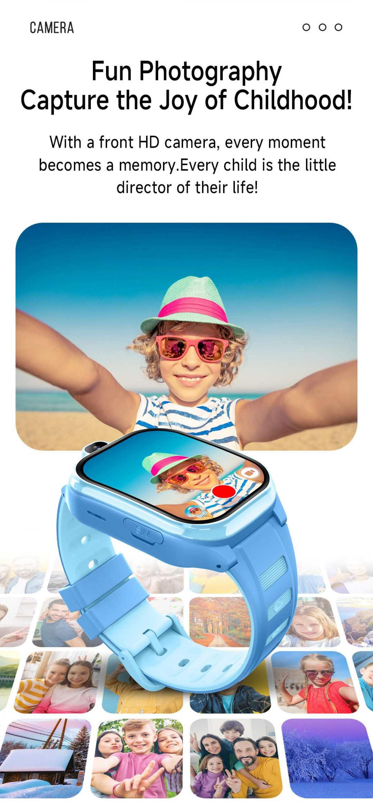 Ein Kind mit Hut und Sonnenbrille macht ein Selfie am Strand, eine Smartwatch ist im Vordergrund.