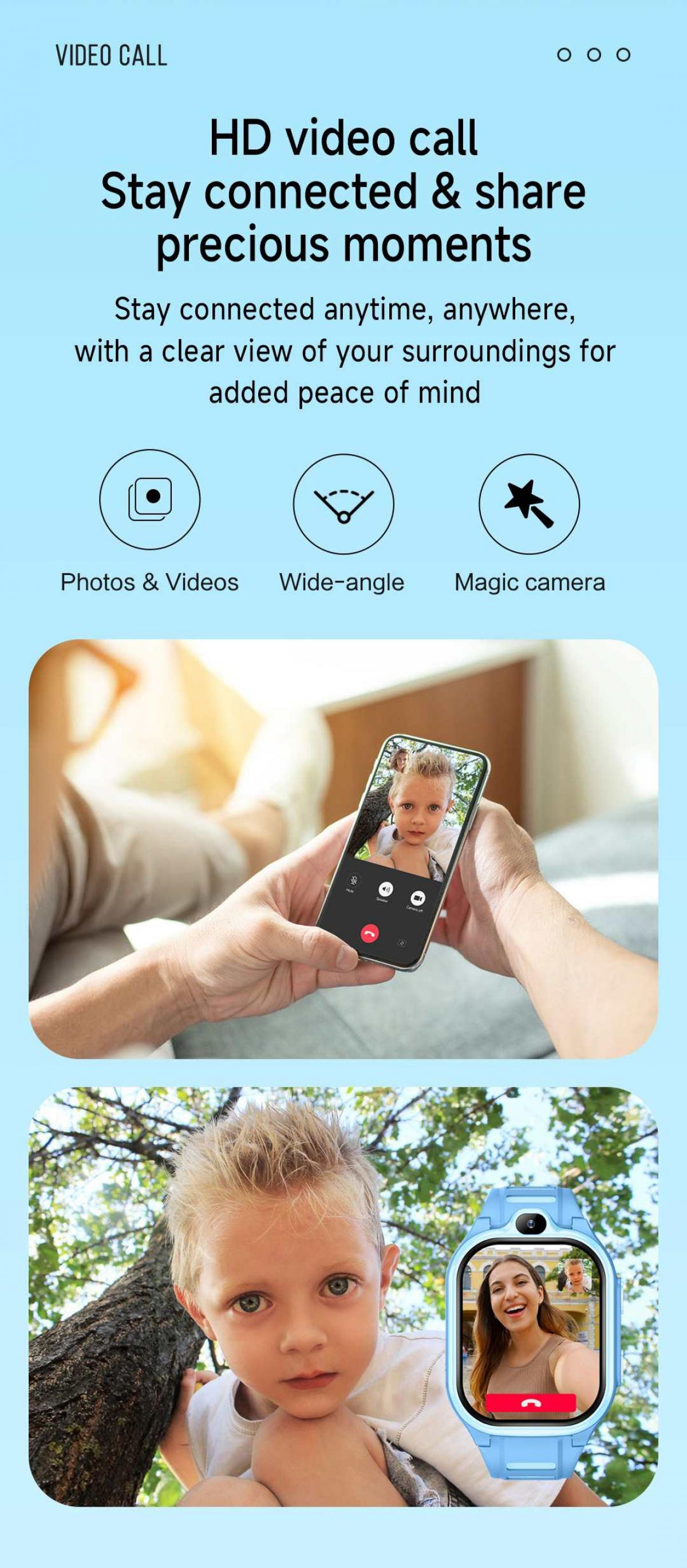 Ein Junge klettert auf einen Baum. Eine Smartwatch zeigt einen Videoanruf.