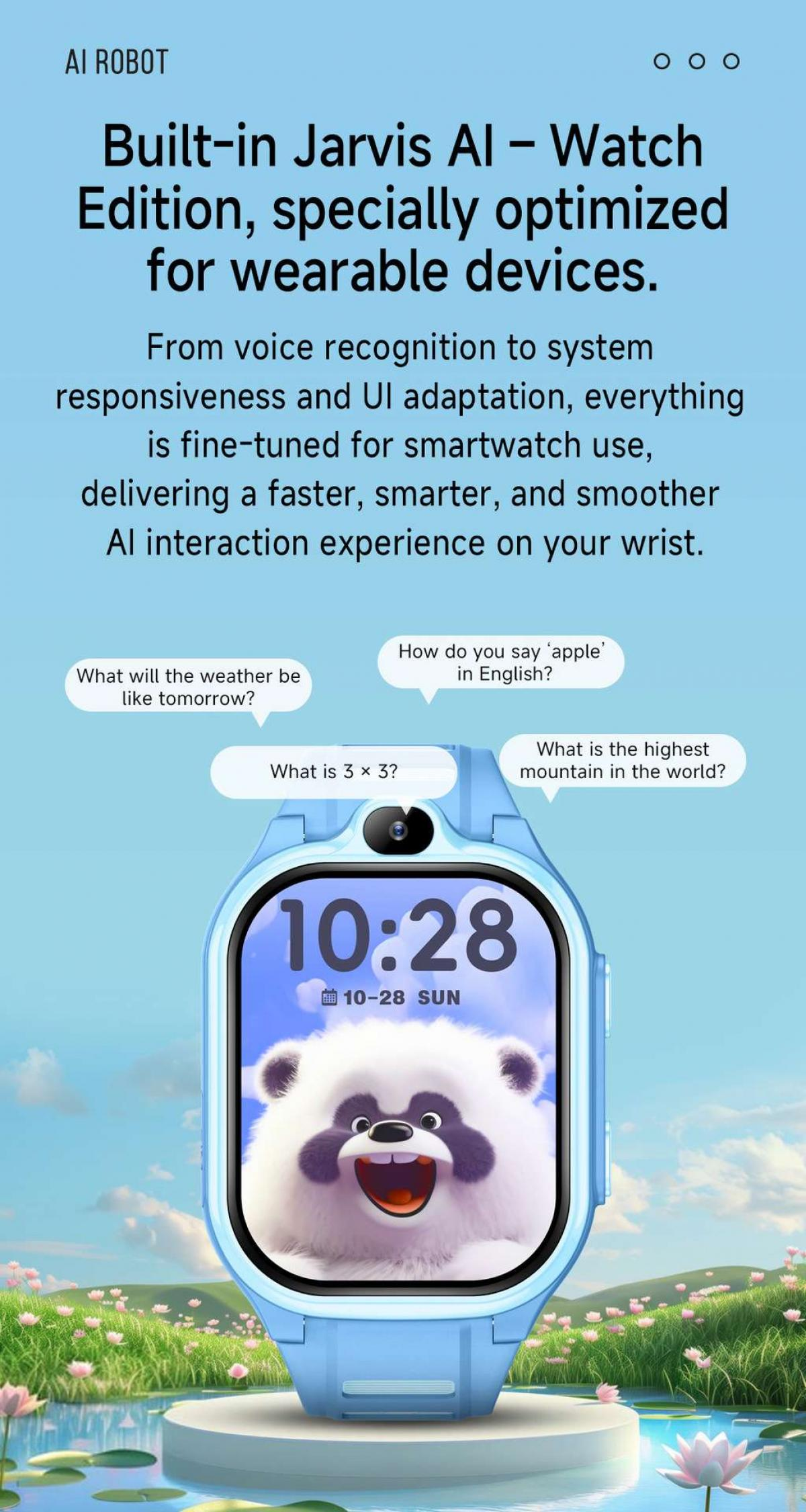 Eine blaue Smartwatch mit einem Panda-Zifferblatt, das Fragen stellt.