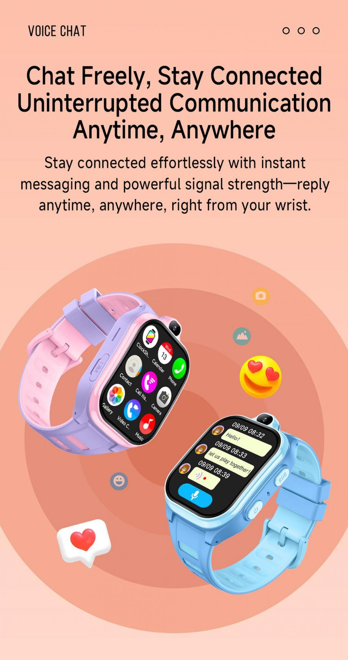 Zwei Kinder-Smartwatches, eine lila, eine blau, zeigen Apps und Nachrichten an.