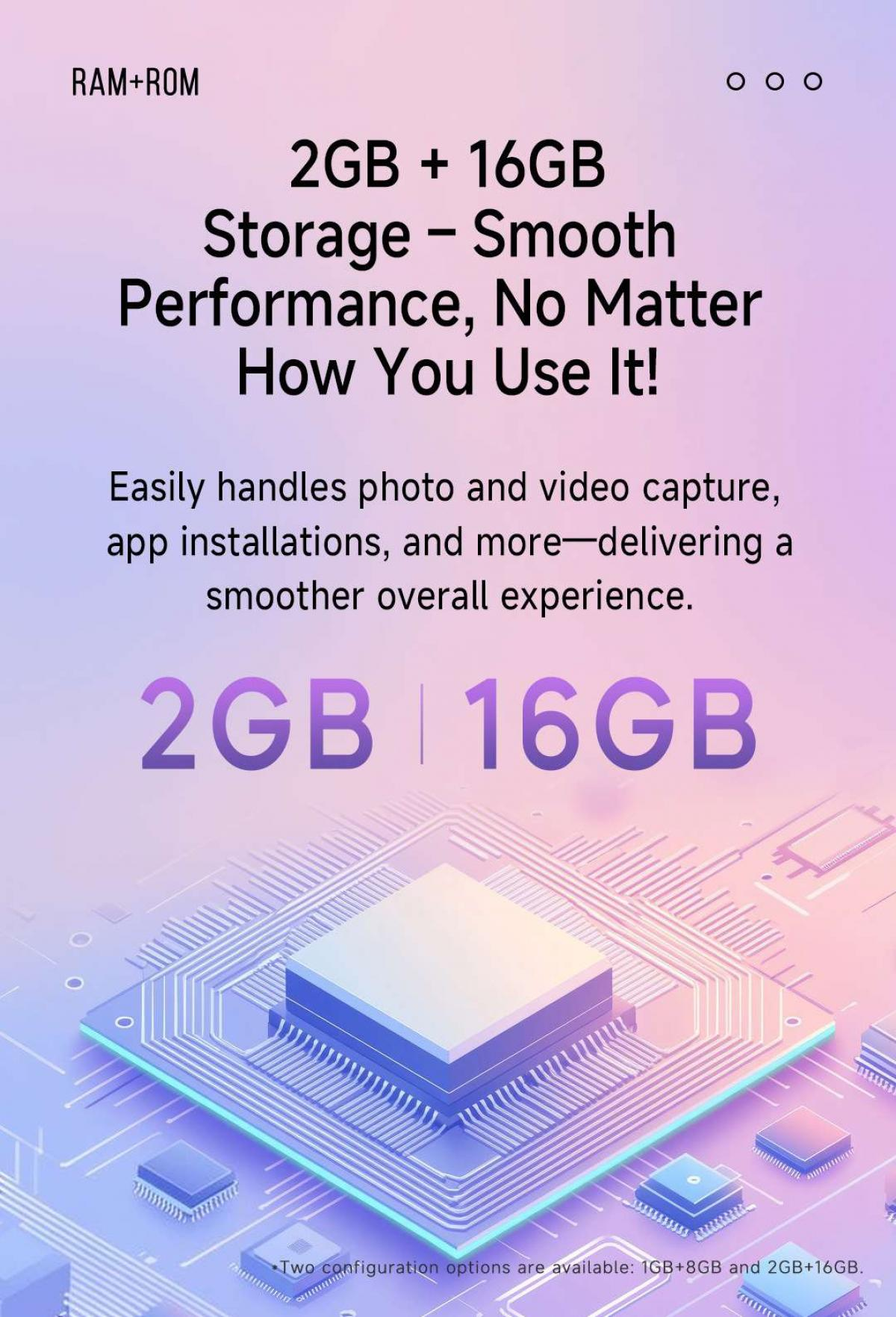 RAM+ROM 2GB+16GB Speicher. Reibungslose Leistung auf einer Leiterplattengrafik.