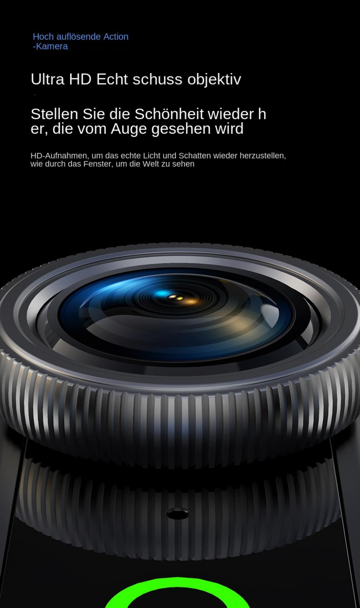 Nahaufnahme einer Kameraobjektivlinse mit blauen und gelben Reflexionen auf schwarzem Hintergrund.