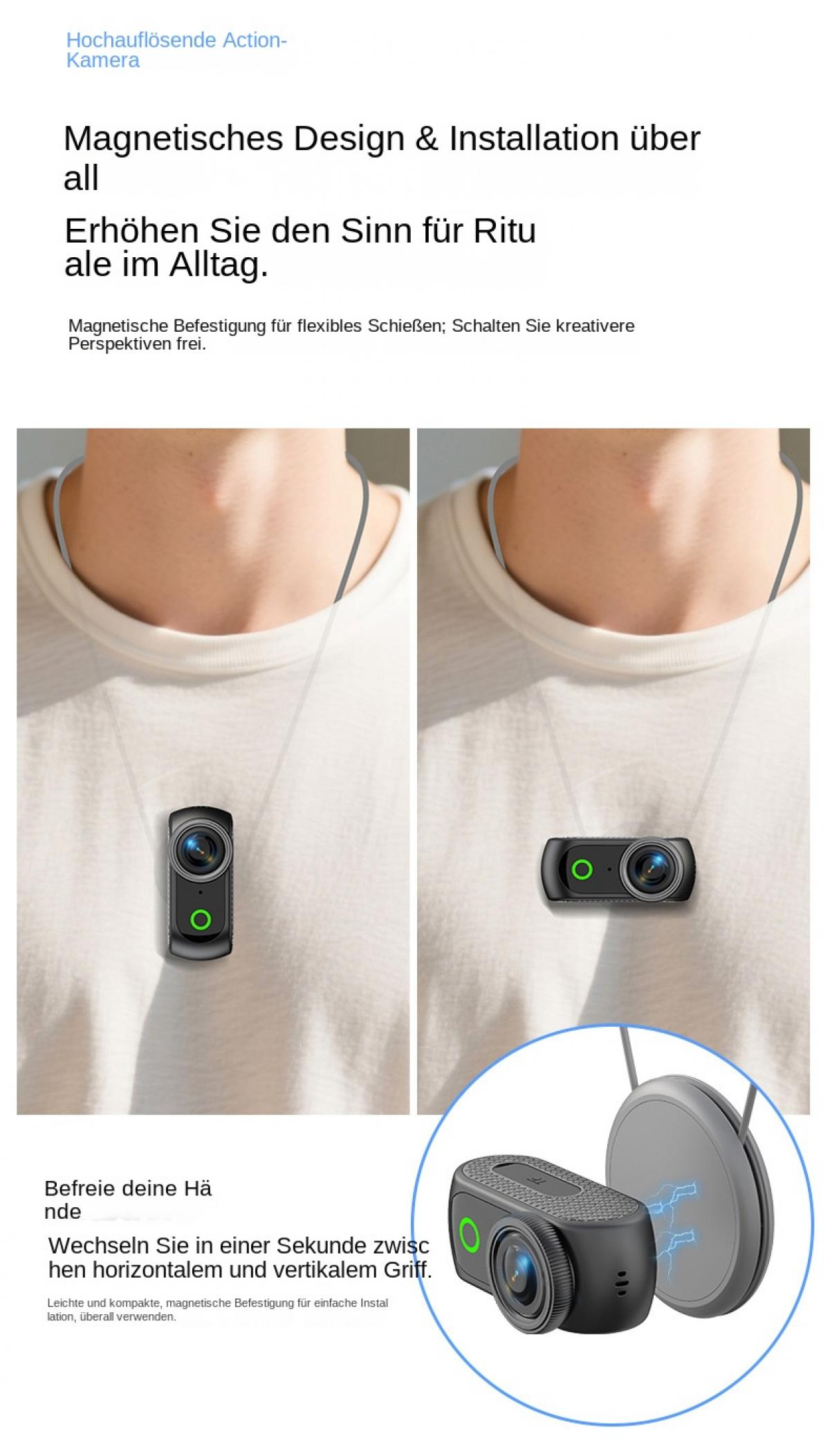 Eine Action-Kamera wird an einem weißen T-Shirt befestigt, entweder vertikal oder horizontal.