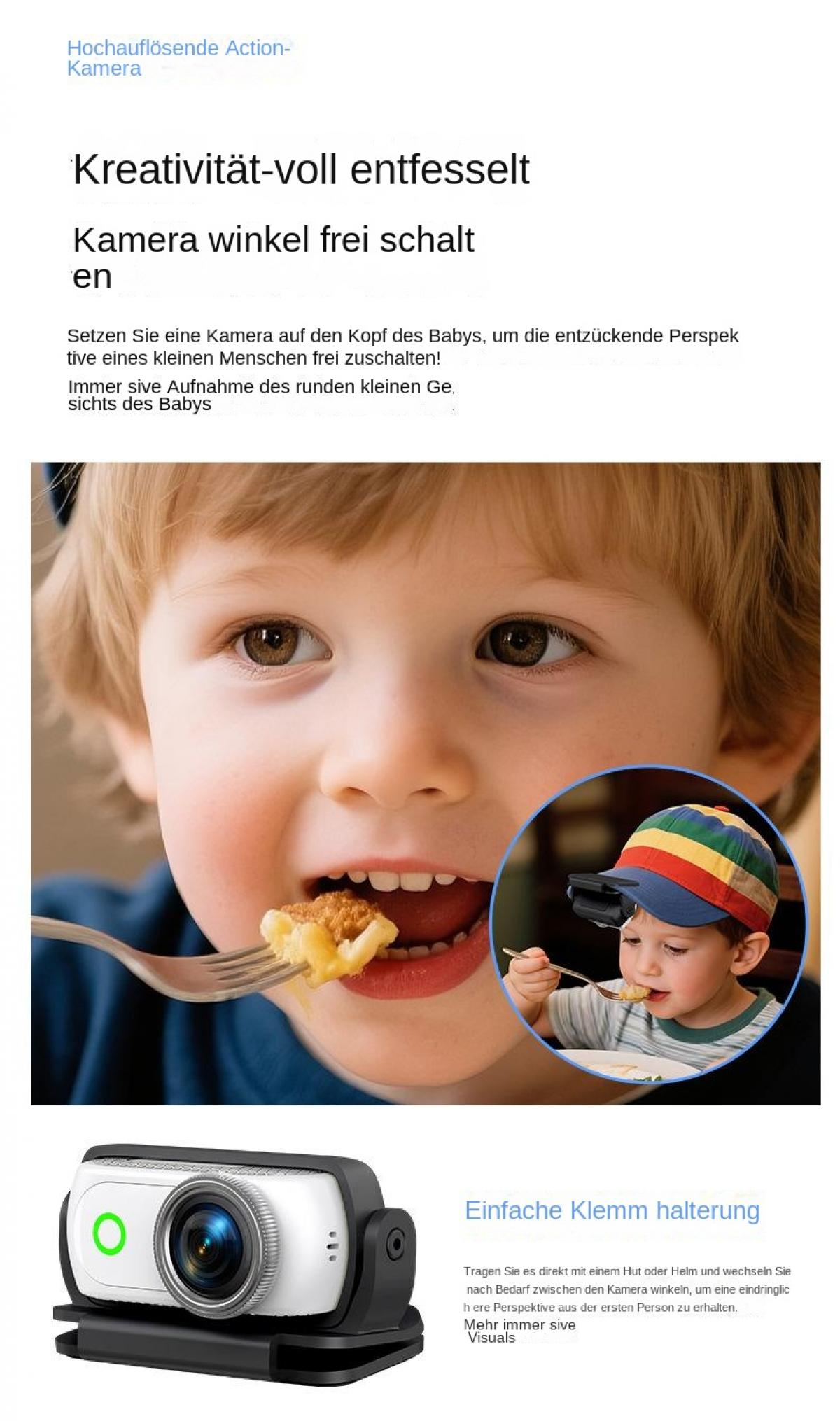 Ein Baby isst, während eine Action-Kamera auf seinem Kopf montiert ist. Unten ist eine Action-Kamera.