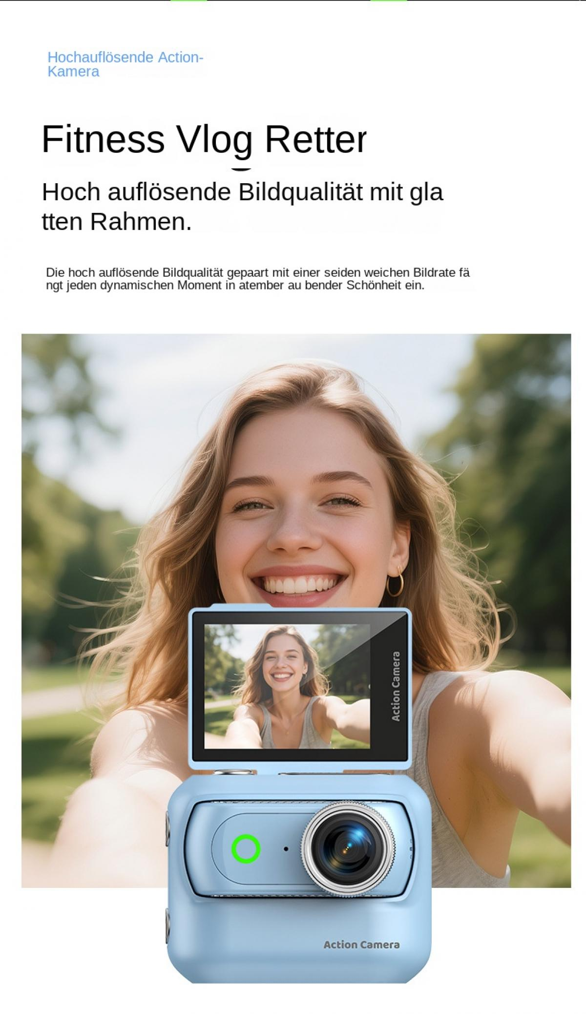 Eine Frau lächelt in die Kamera, hält eine hellblaue Action-Kamera, die ein Selfie aufnimmt.