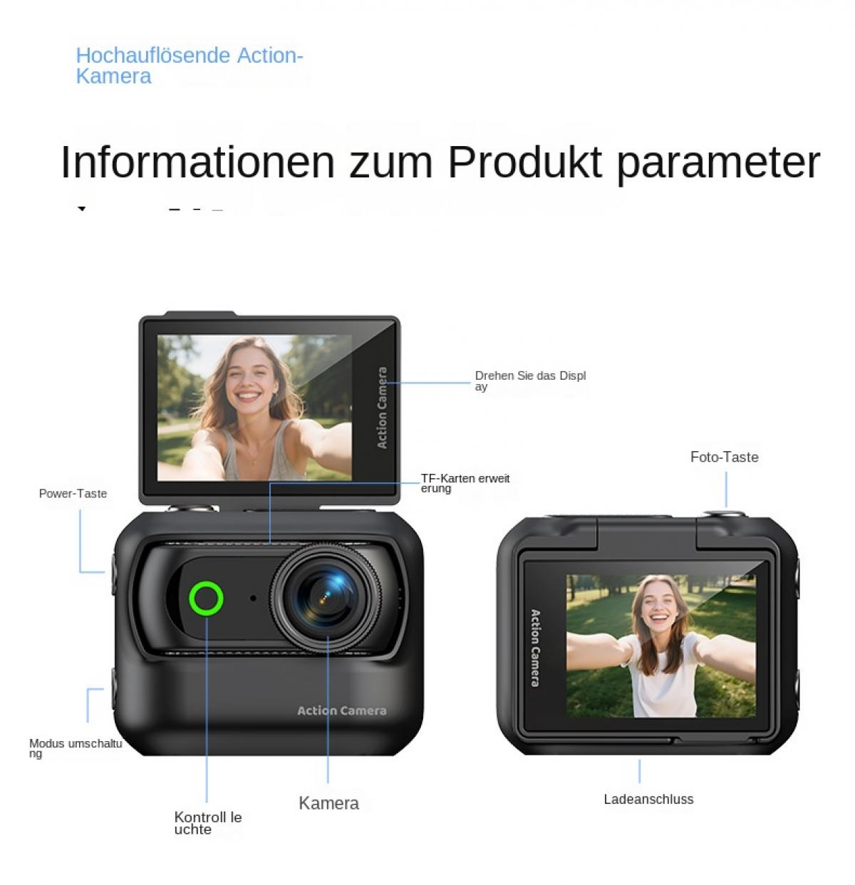 Ein Action-Kamera-Setup mit zwei Kameras, die beide eine lachende Frau zeigen.