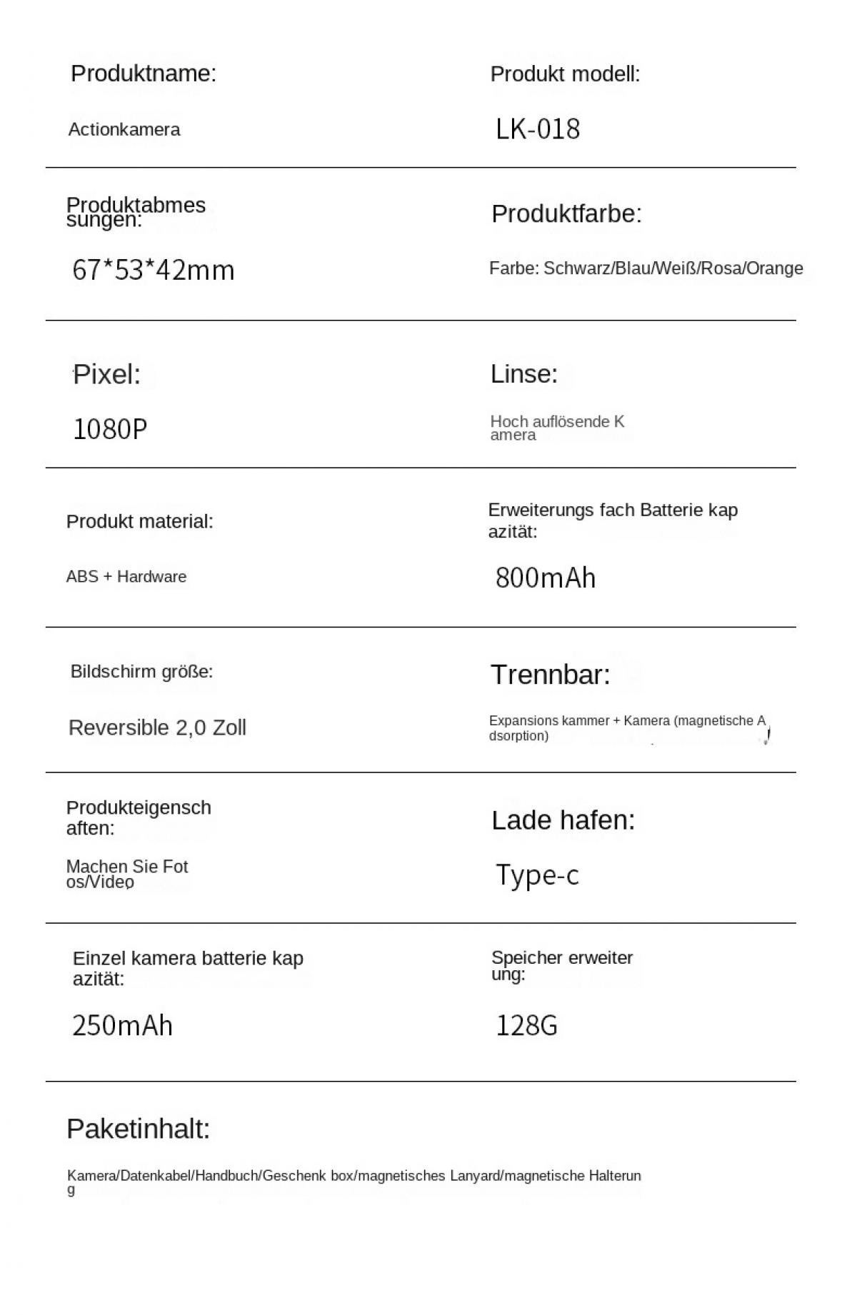 Produktspezifikationen: Actionkamera, LK-018, 1080P, ABS+Hardware, 2 Zoll, Typ-C.