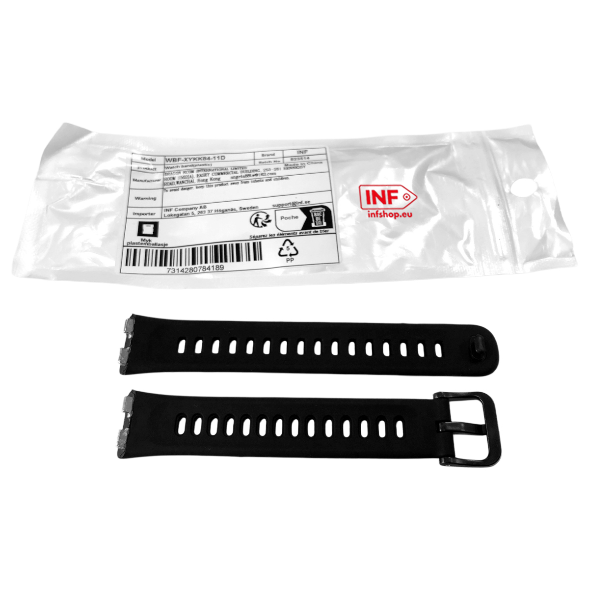 Zwei schwarze Uhrenarmbänder mit Löchern und ein Etikett mit Produktinformationen.