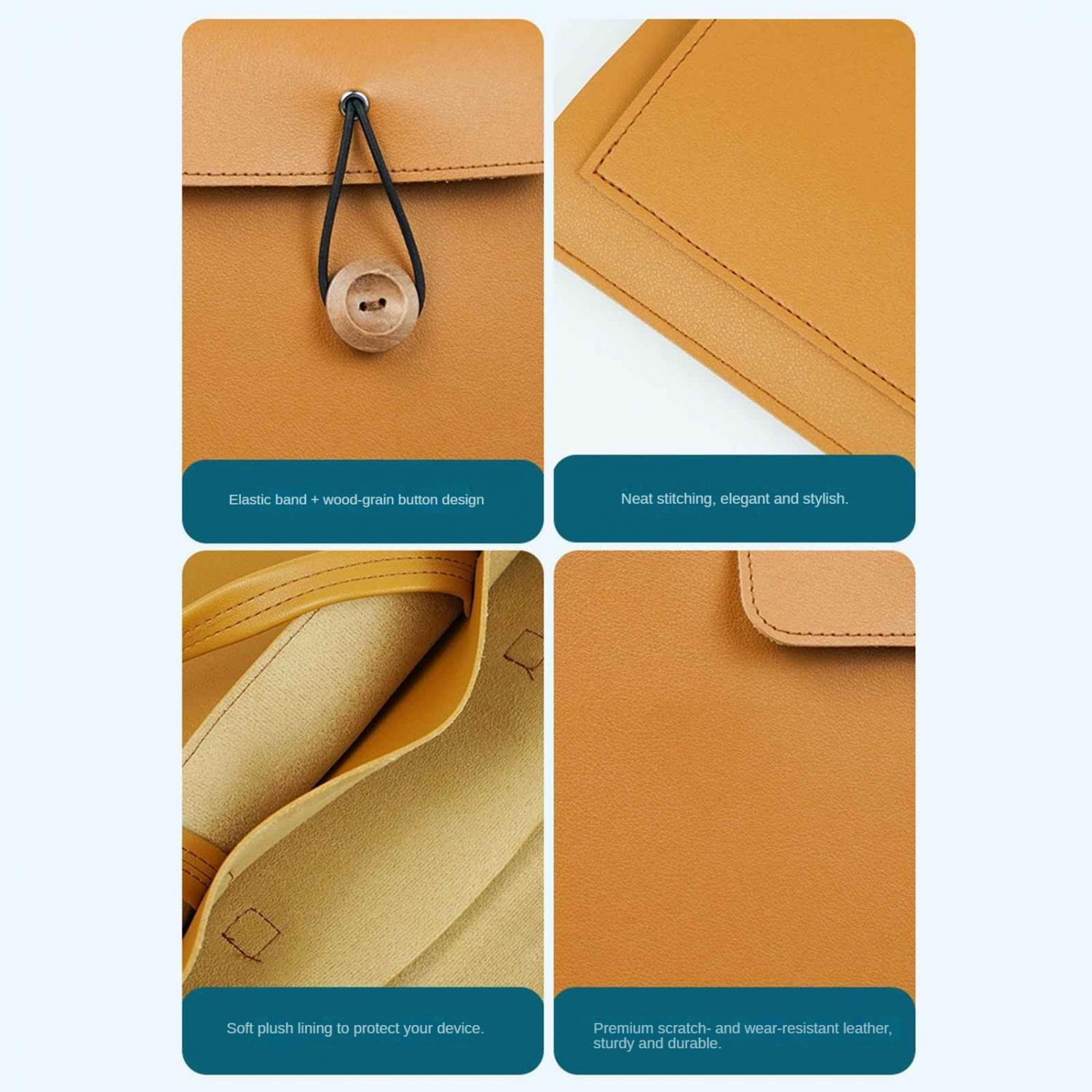 Braune Ledertasche mit Holzknopfverschluss, Nähten und Futter.