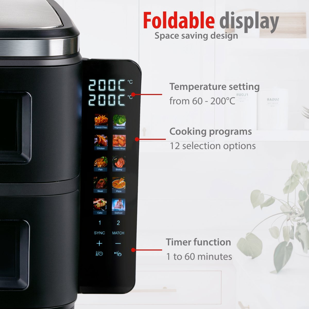 Écran de friteuse à air noir avec programmes de cuisson, minuterie et température.