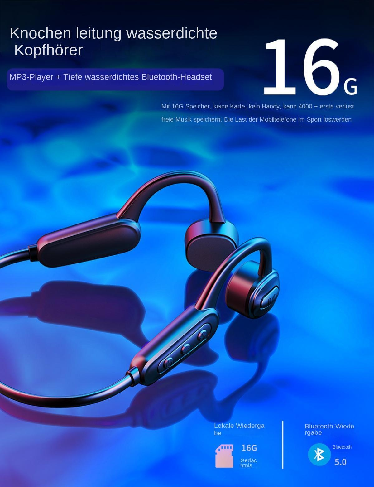 Schwarze, wasserdichte Bluetooth-Kopfhörer mit 16 GB Speicher auf blauem Hintergrund.