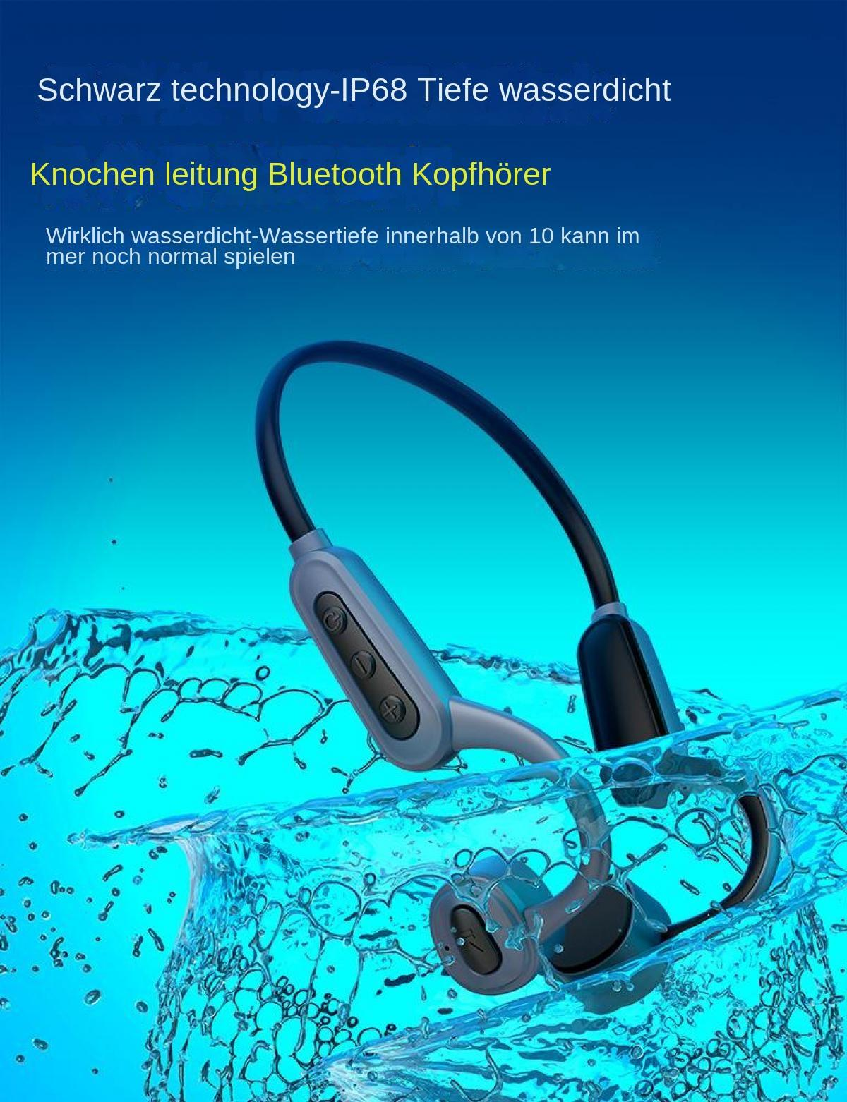 Graue und schwarze Bluetooth-Kopfhörer mit Knochenleitung tauchen in Wasser.