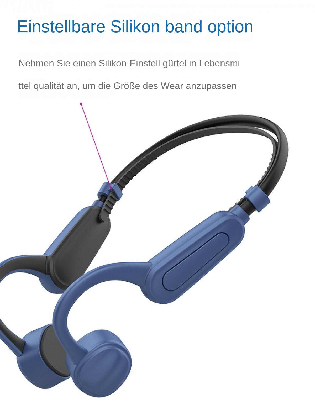 Blauer Kopfhörer mit verstellbarem Silikonband und schwarzem Bügel.