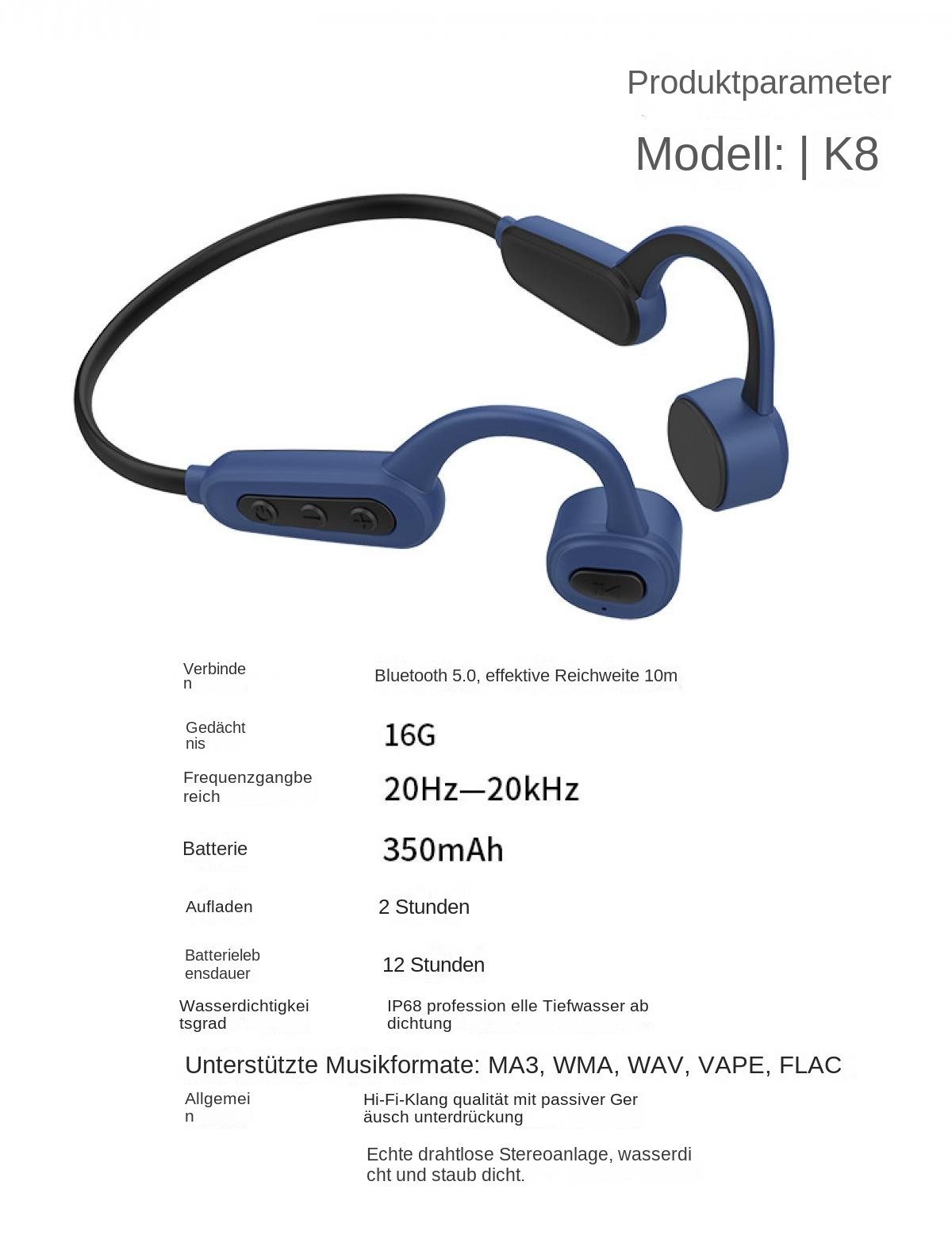 Blaue Kopfhörer mit schwarzem Bügel, Modell K8, Bluetooth 5.0, 16G, 350mAh.