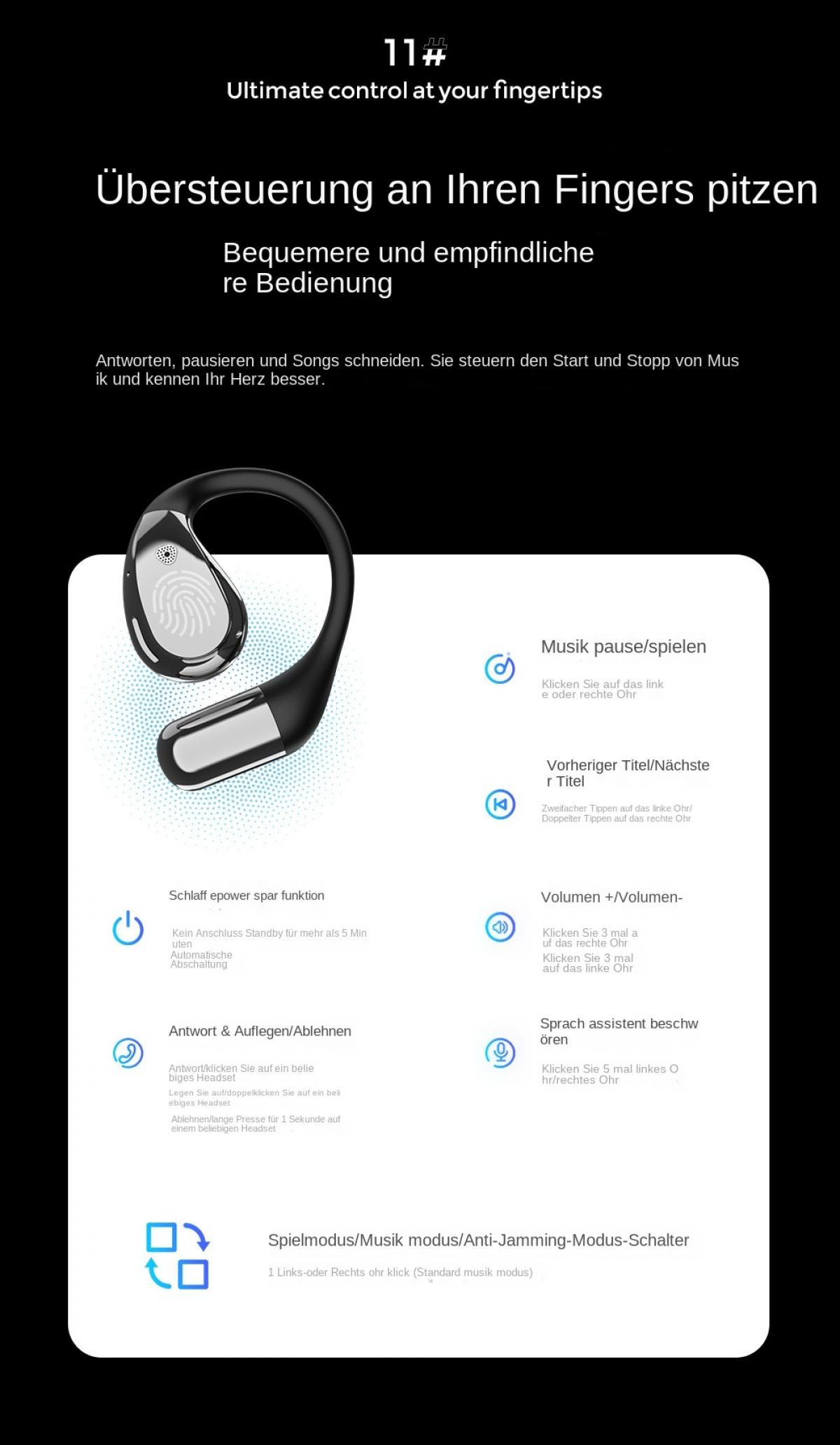 Ein schwarzes kabelloses Headset mit Touch-Steuerung und Funktionen.