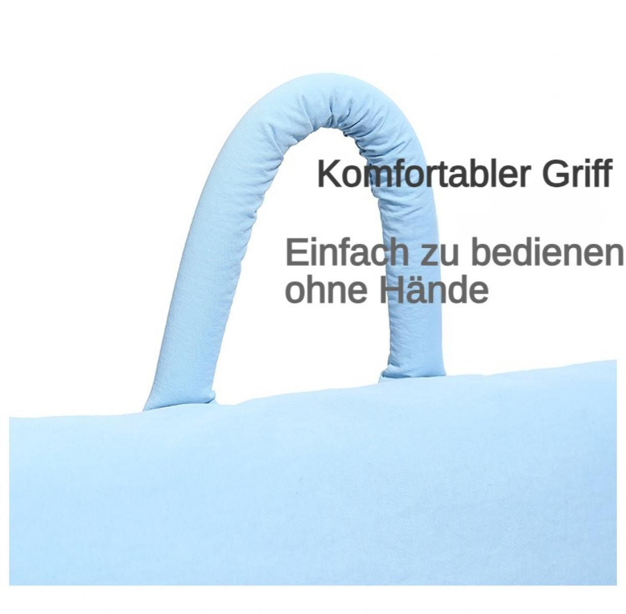 Ein hellblaues Kissen mit einem gebogenen Griff. "Komfortabler Griff" steht geschrieben.