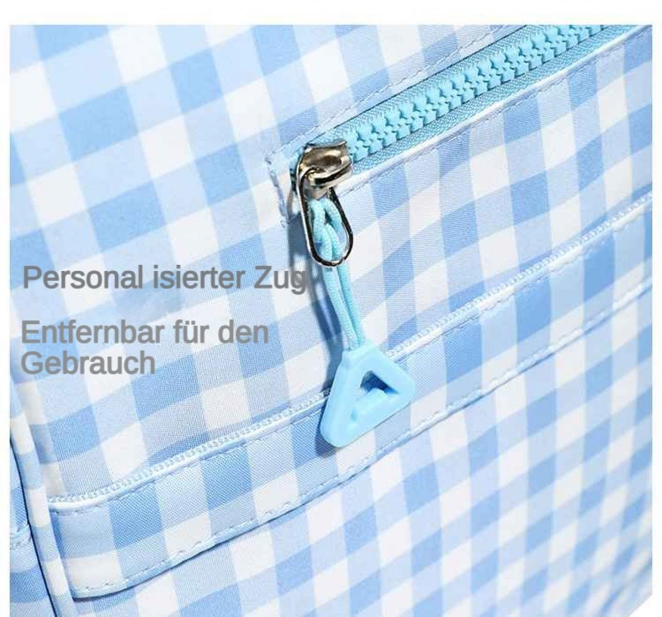 Nahaufnahme eines Reißverschlusses mit blauem Karo-Muster und Text.